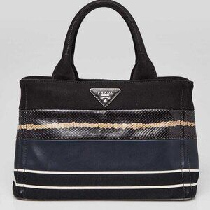 Prada Black/Blue/Beige Canapa Canvas/Leather/Snakeskin Small Tote Bag BG439